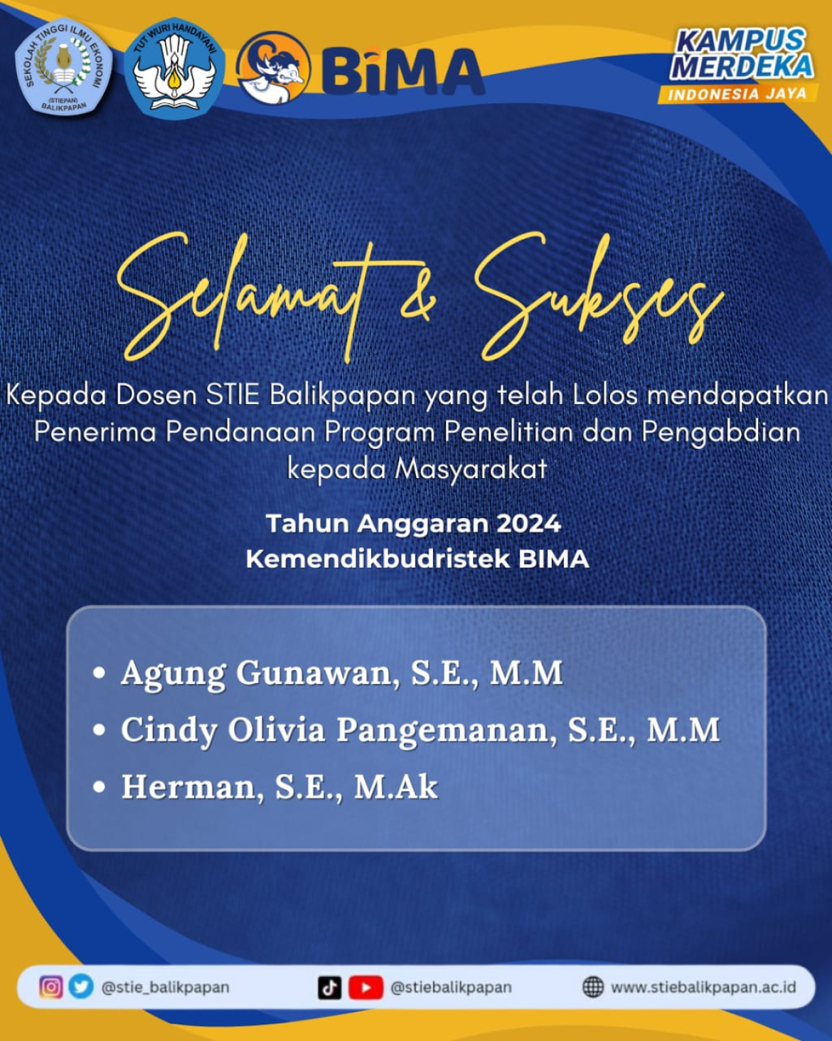 Selamat Kepada Dosen STIE Balikpapan yang mendapatkan yang telah lolos mendapatkan penerimaan pendanaan program penelitian dan pengabdian masyrakat